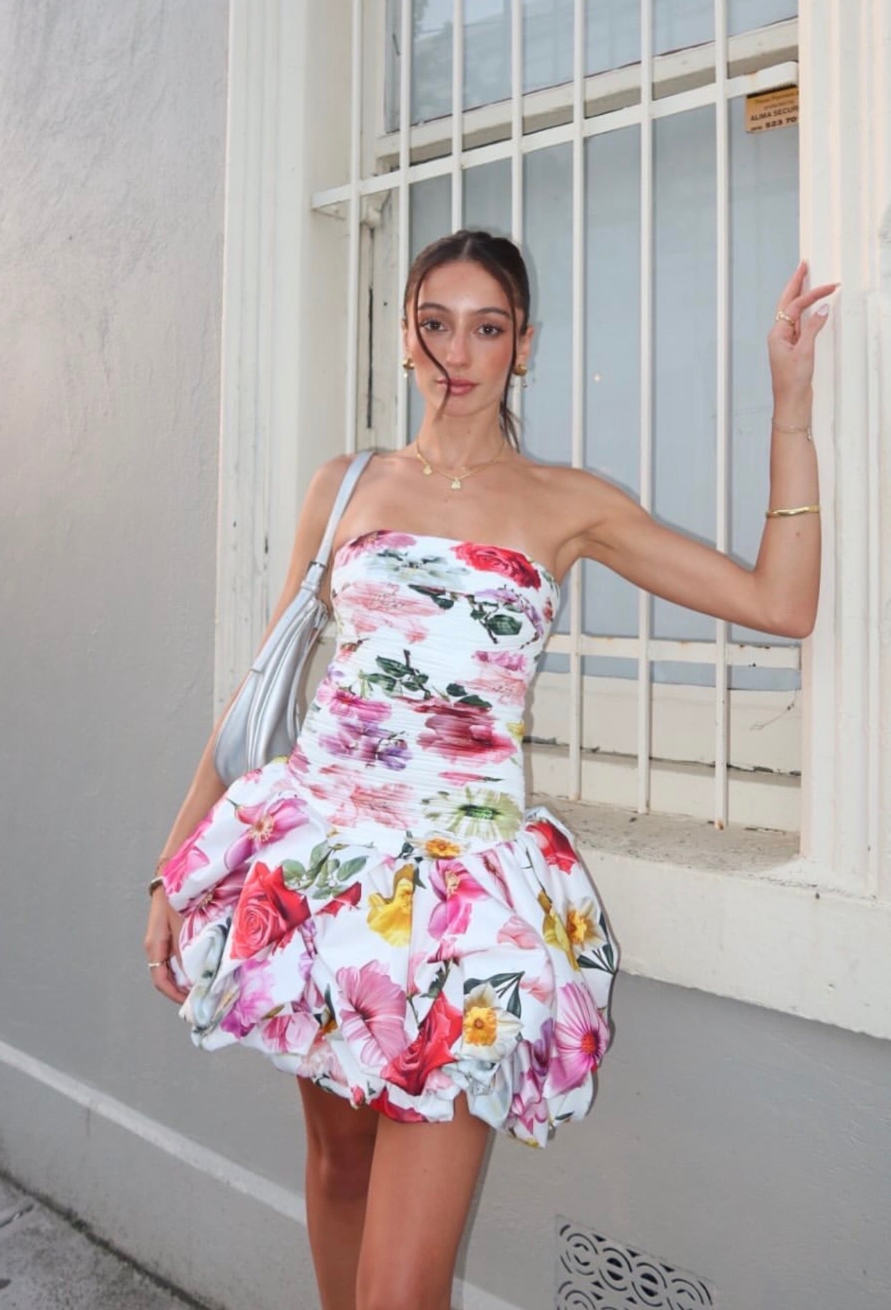 Aje Violette Bubble Hem Mini Dress Collage Floral