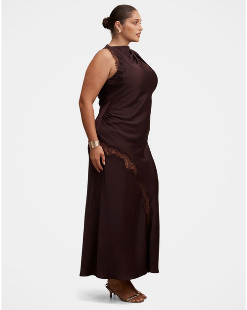 Forever New Kody Satin Lace Asymmetric Dress Brown