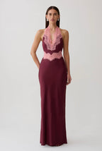 Meshki Louise Maxi Dress Burgundy Satin and Lace