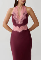 Meshki Louise Maxi Dress Burgundy Satin and Lace