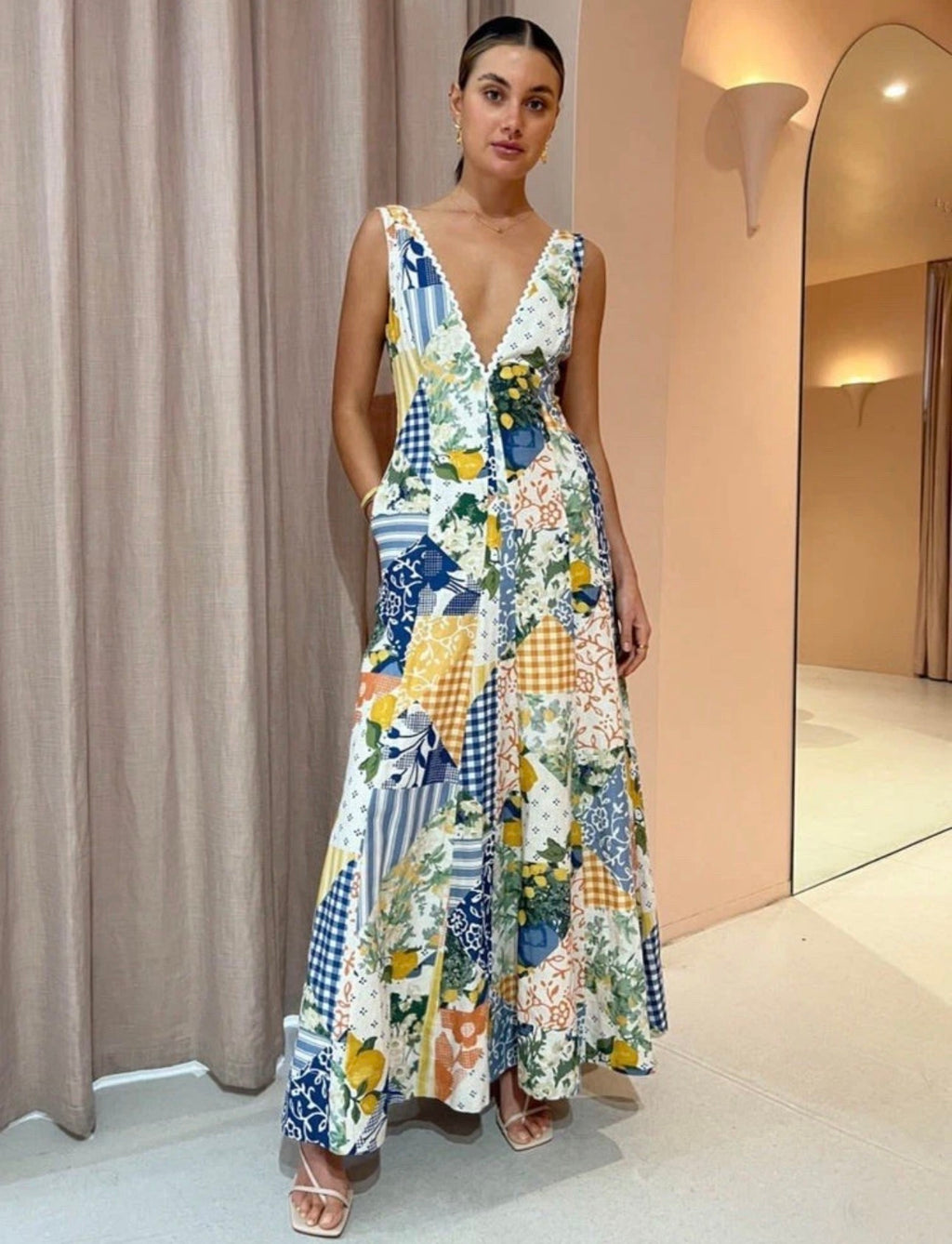 By Nicola Wavy Maxi Dress Lemon Patchwork