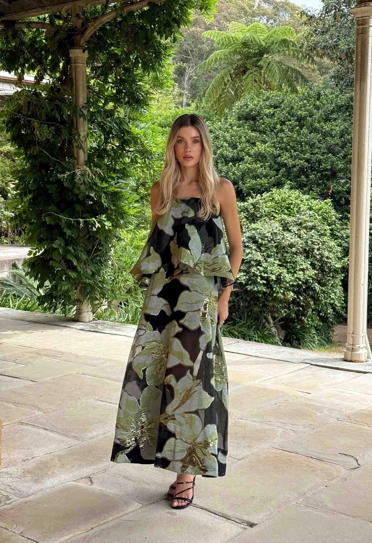 Elliatt Elysia Tiered Gown Black & Green Floral