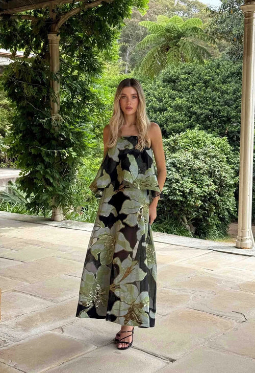 Elliatt Elysia Tiered Gown Black & Green Floral