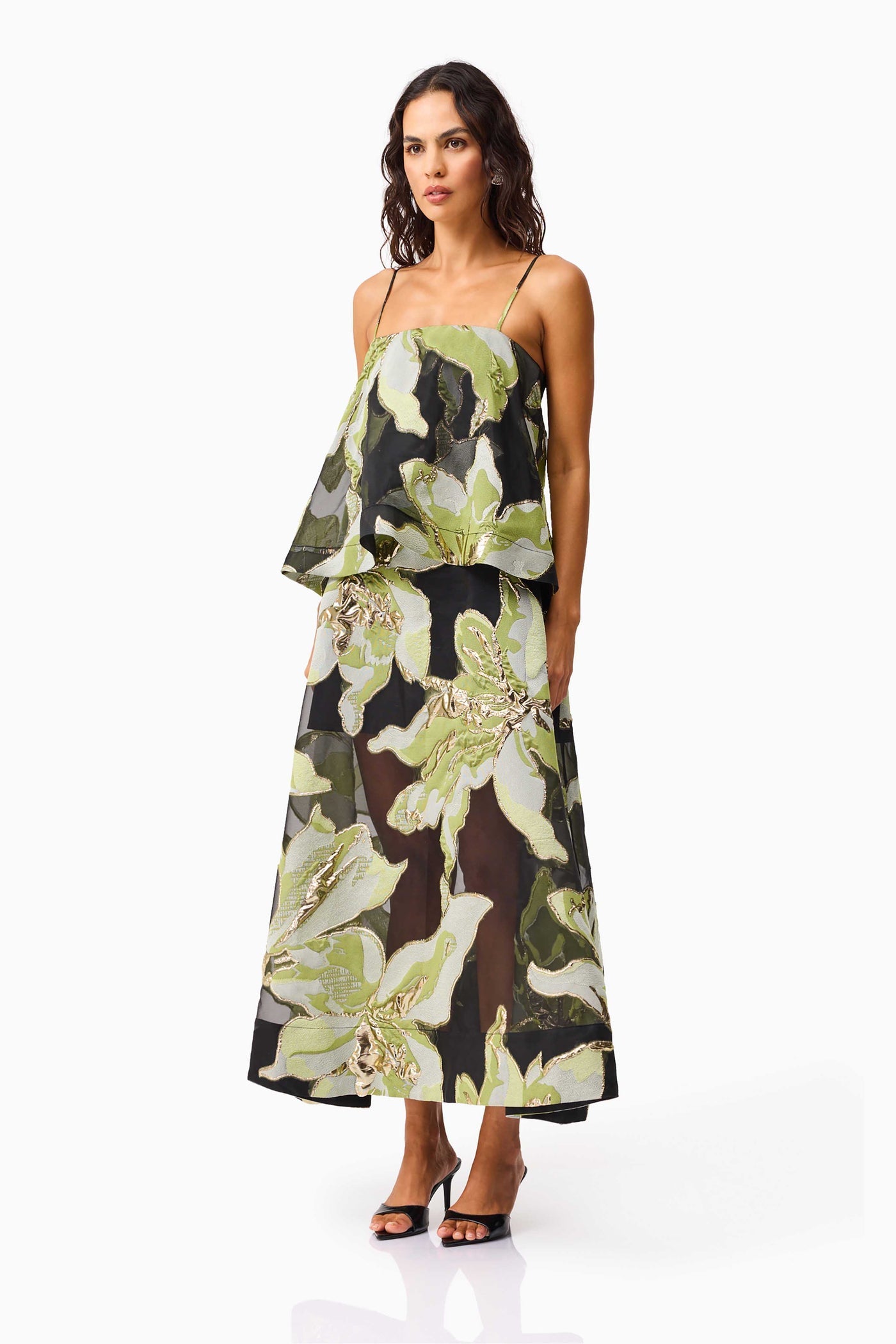 Elliatt Elysia Tiered Gown Black & Green Floral