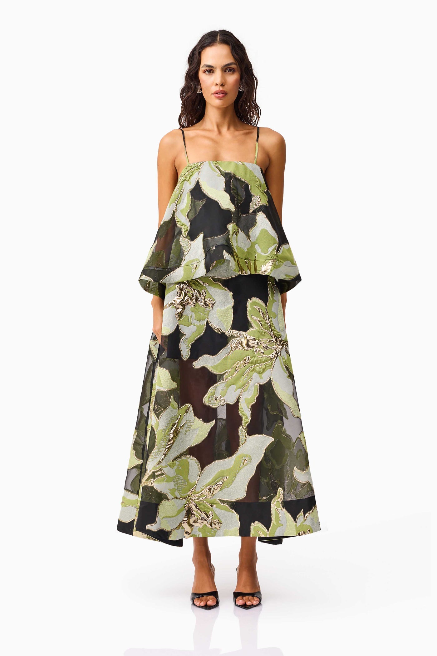 Elliatt Elysia Tiered Gown Black & Green Floral