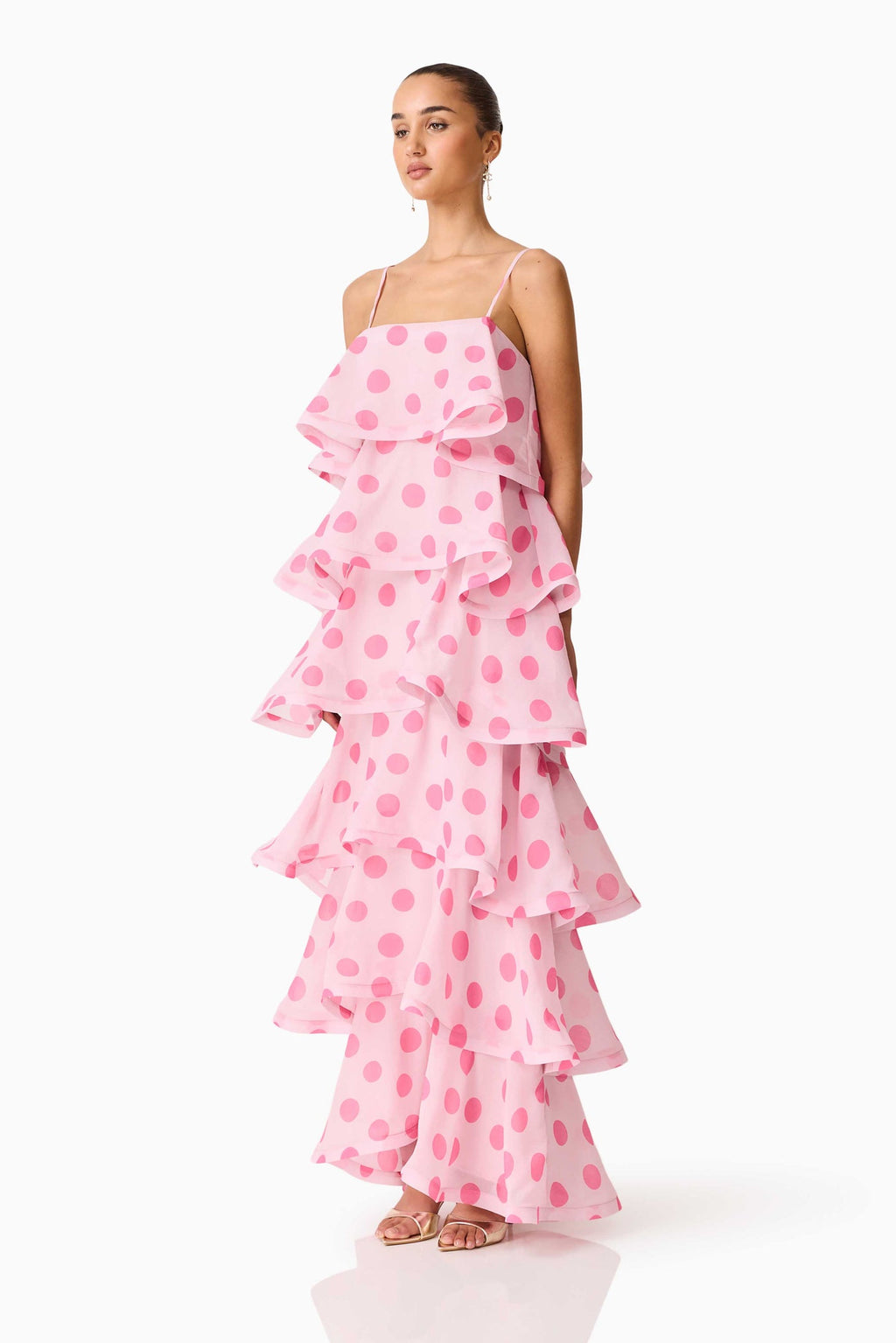 Elliatt Sola Tiered Maxi Dress Pink Polkadot