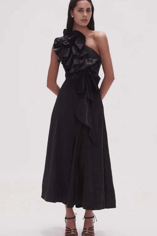 Aje Adelia Ruffle Midi Dress Black